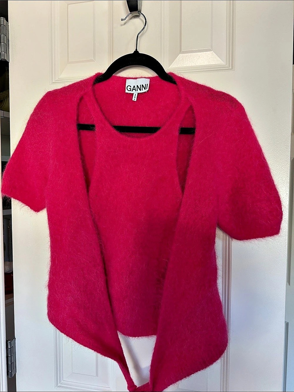 GANNI Light Mohair Tie String Cardigan Pink